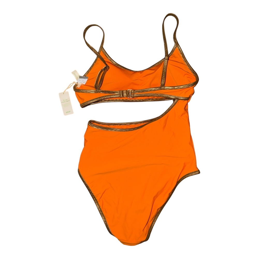 Aerie Orange/Gold One Piece Cutout Swimsuit, Small - Picture 3 of 8